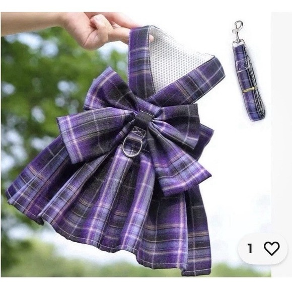 Small Pet Dog Plaid Bow Skirt Vest Dress Clothes Puppy Cat Harness + Leash Set - Picture 2 of 3